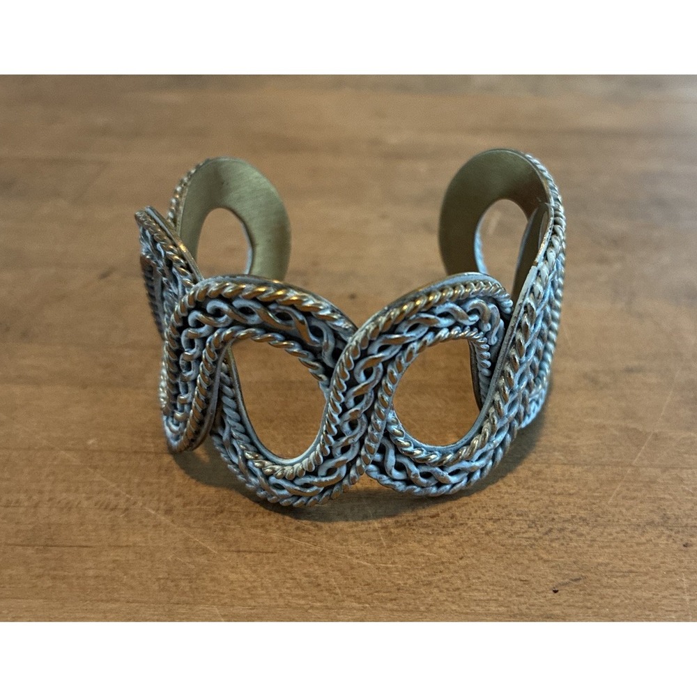 Rustic Cuff 1.5" Wide Calyspo Gold With Blue Wash Metal Fashion Bracelet  Boho